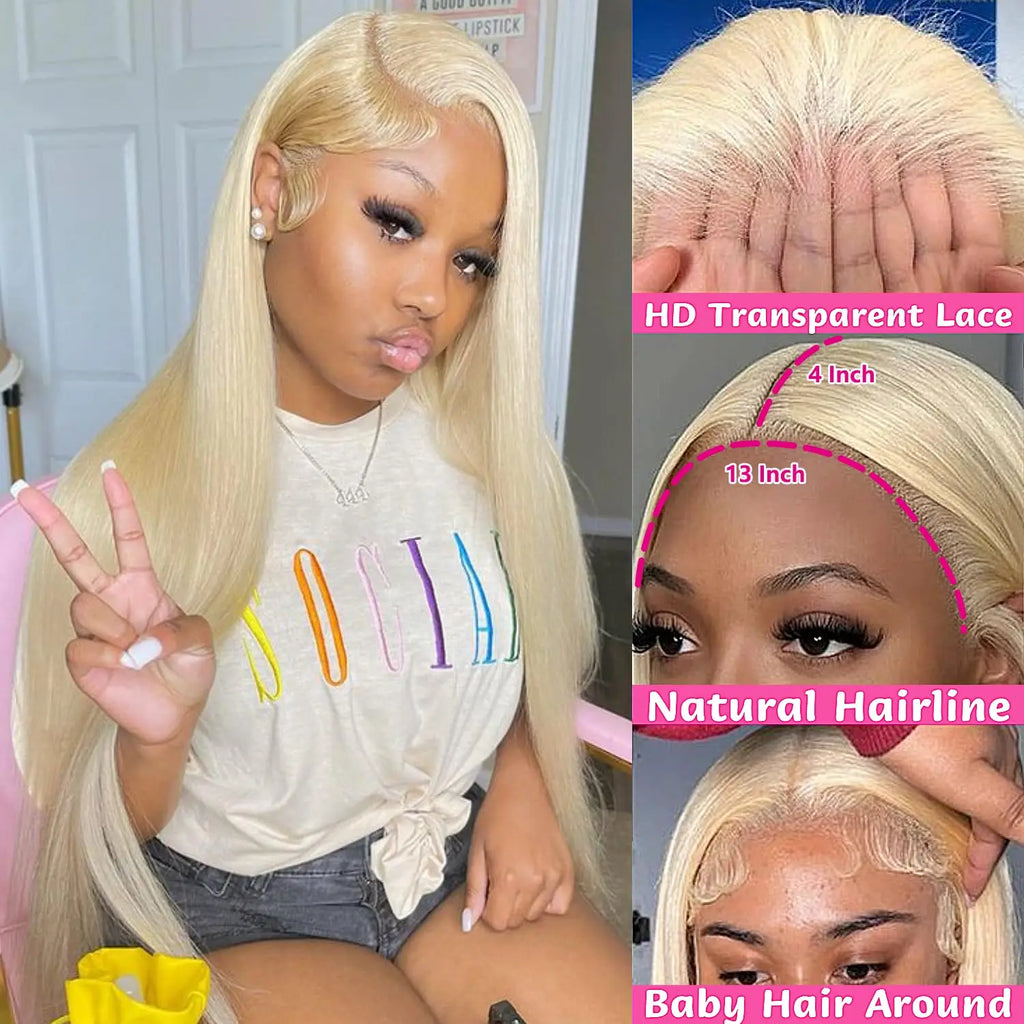 613 Blonde Human Hair Wig — HD Transparent Lace Front, 13x4 / 13x6 / 360, 180-250% Density