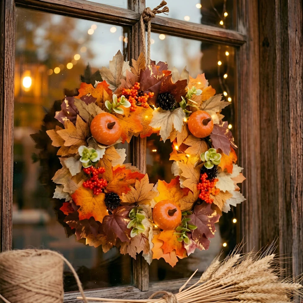 17.7in Halloween Fall Wreaths for Front Door Outside Fall Decorations for Home Large Autumn Wreath with Bow Pumpkin Thanksgiving