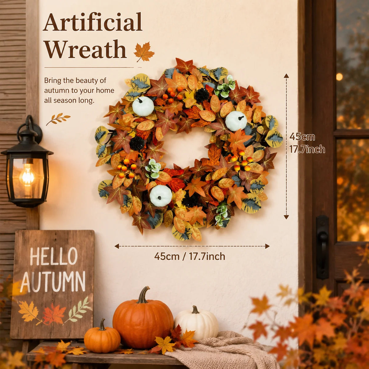 17.7in Halloween Fall Wreaths for Front Door Outside Fall Decorations for Home Large Autumn Wreath with Bow Pumpkin Thanksgiving