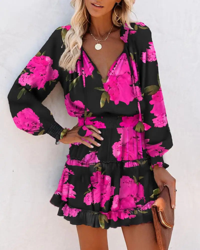 Elegant Women's Leopard Print Long Sleeved Casual Dress Spring And Autumn Fashionable V-neck Lace Up Waist Cinching Mini Dress
