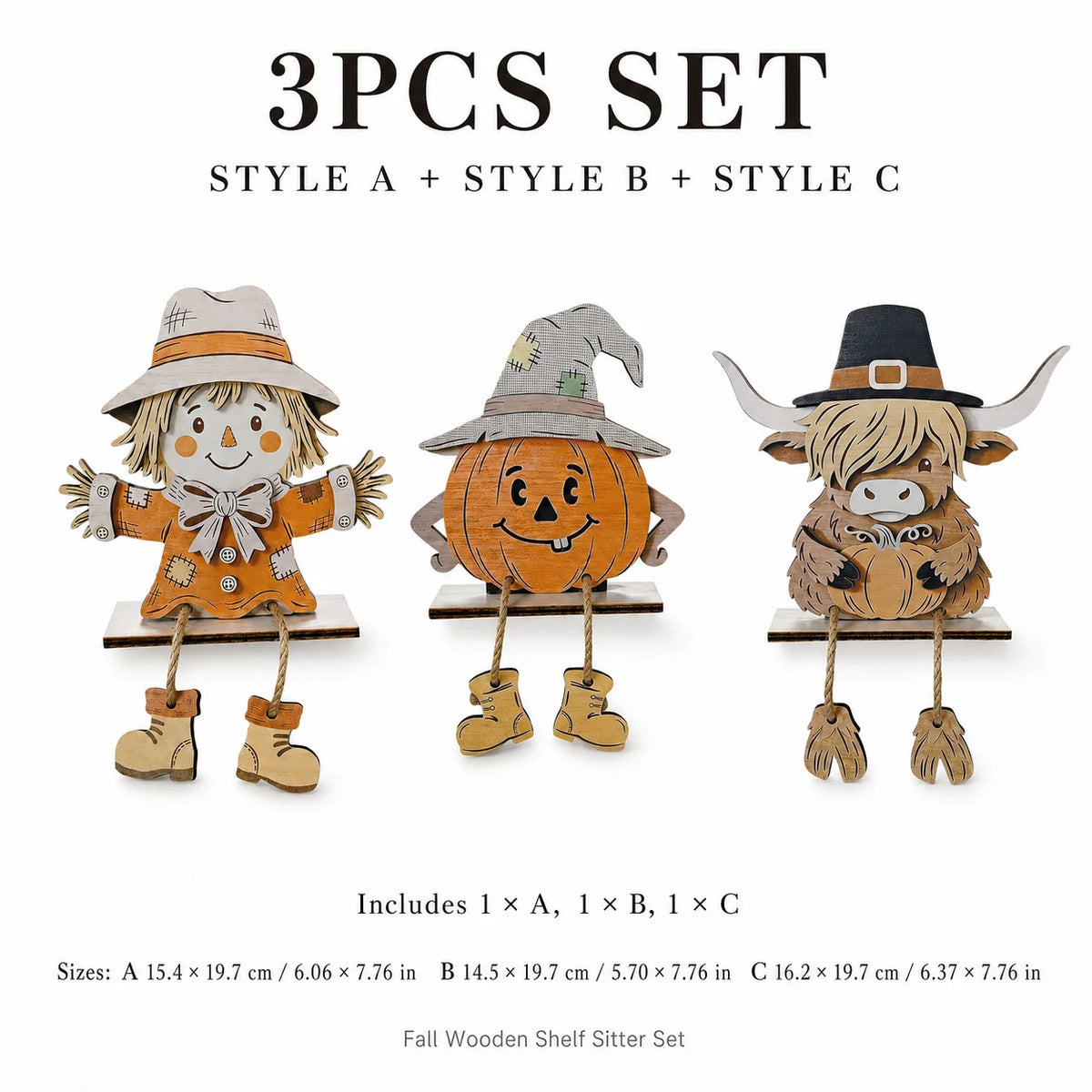 3PCS Fall Wooden Shelf Sitters, Pumpkin Scarecrow Highland Cow Dangling Leg Table Decor for Thanksgiving Halloween Home
