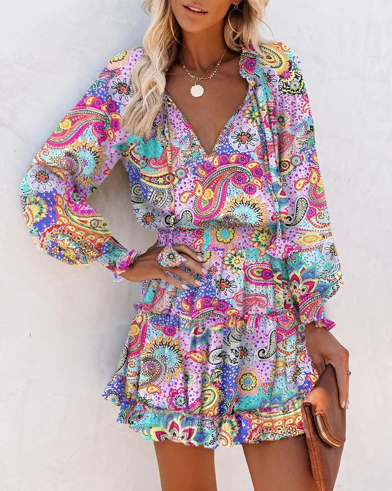 Elegant Women's Leopard Print Long Sleeved Casual Dress Spring And Autumn Fashionable V-neck Lace Up Waist Cinching Mini Dress