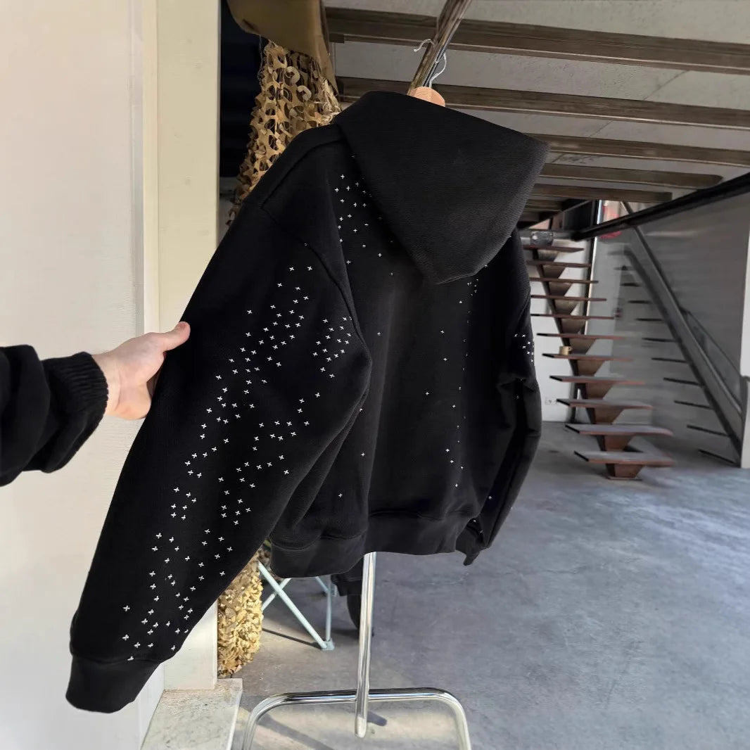 Rhinestone Zip-Up Sweatshirt Jacket — Gothic Streetwear, Men’s & Couples Casual Hoodie