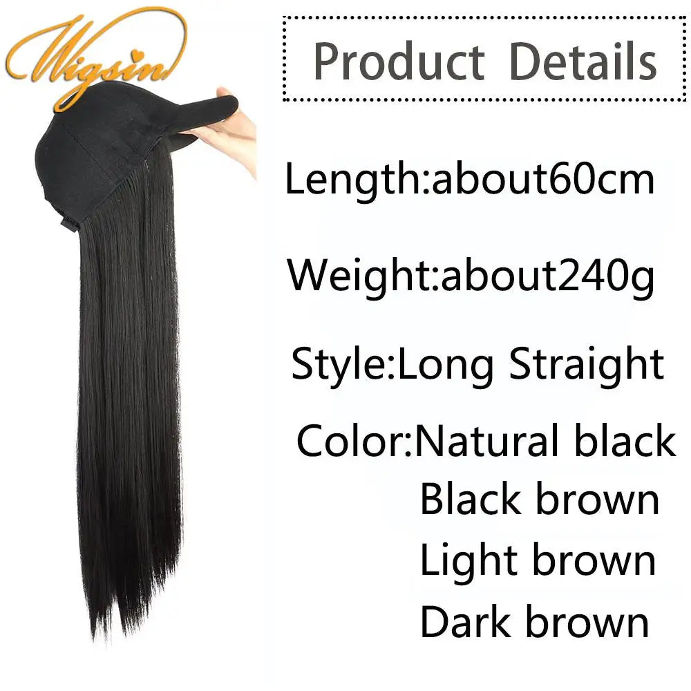 WIGSIN Synthetic  24Inch Long Straight One Piece Baseball Hair Hat Wig Adjustable Black Brown Hairpiece for Women