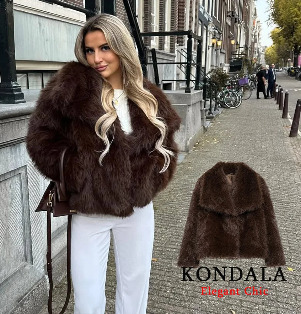KONDALA Elegant Fur Coat Women Fall Winter Fashion Warm Faux Fur Brown Coat 2025 New Fashion Vintage Casual Female Jacket Coat