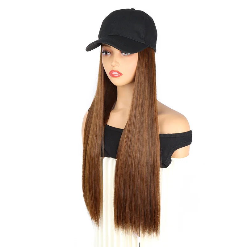 WIGSIN Synthetic  24Inch Long Straight One Piece Baseball Hair Hat Wig Adjustable Black Brown Hairpiece for Women