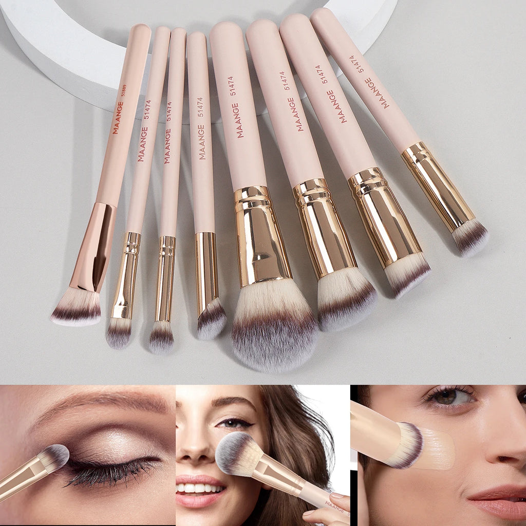 MAANGE 8pcs Makeup Brush Set Including Powder Blusher Foundation Makeup and Contour Brush Portable Travel Set for All Skin Types