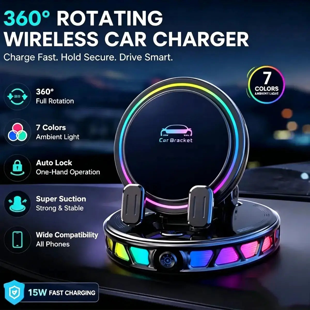 360° Rotating Wireless Car Phone Holder — 15W Fast Charging, Suction Cup Dashboard Mount