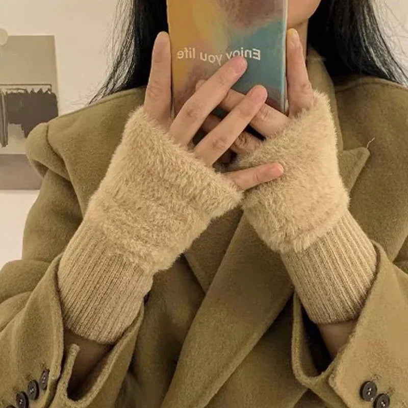 1PC- Warm and Cold-proof Half-finger Gloves for Women in Autumn and Winter, Versatile and Plush, Cute Office Half-finger Gloves