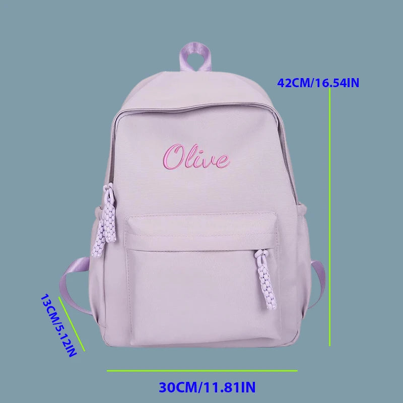 Embroidered Custom - College-Style Backpack, Made of Solid Colour High-Quality Fabric, Large Capacity, Stylish and Simple Fresh.