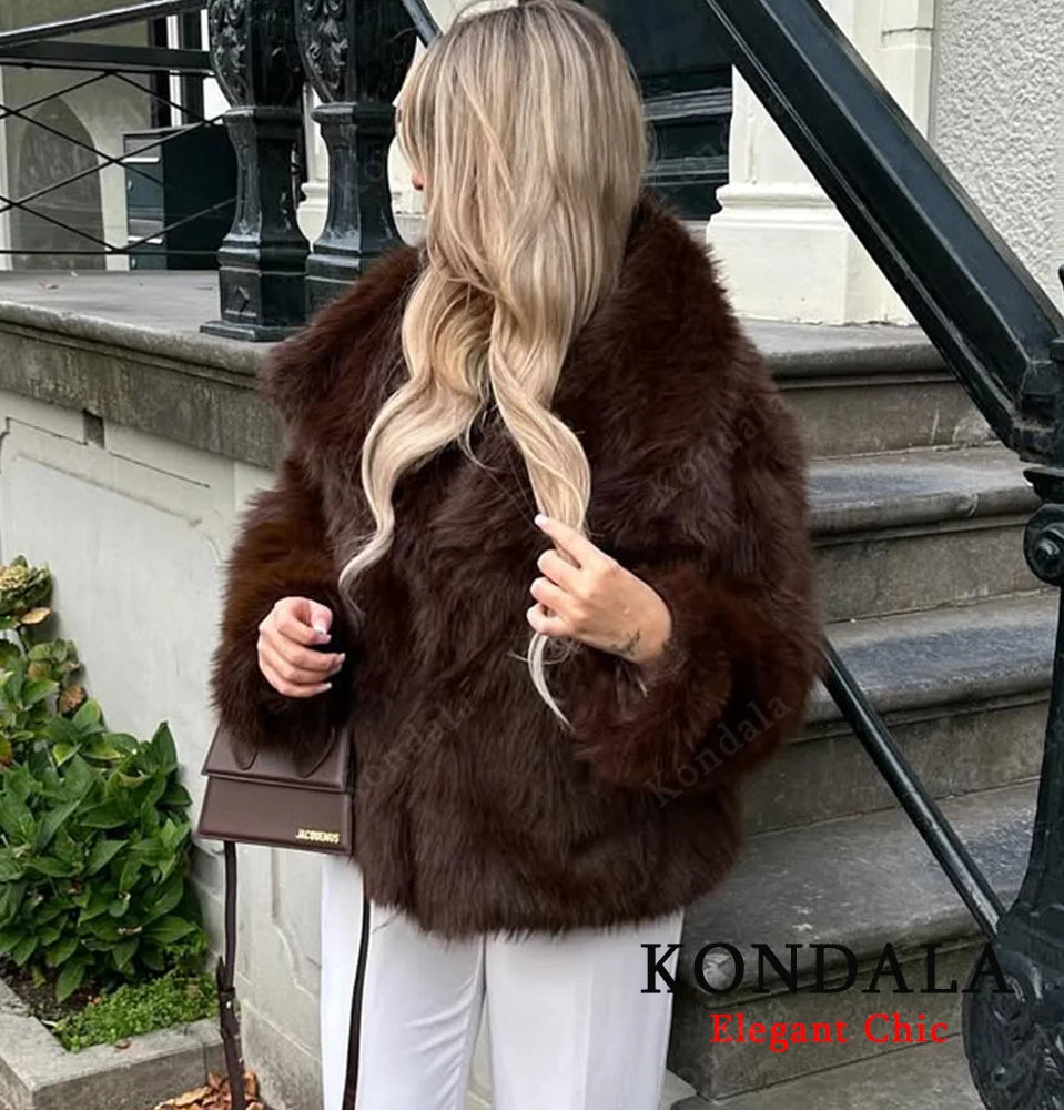 KONDALA Elegant Fur Coat Women Fall Winter Fashion Warm Faux Fur Brown Coat 2025 New Fashion Vintage Casual Female Jacket Coat