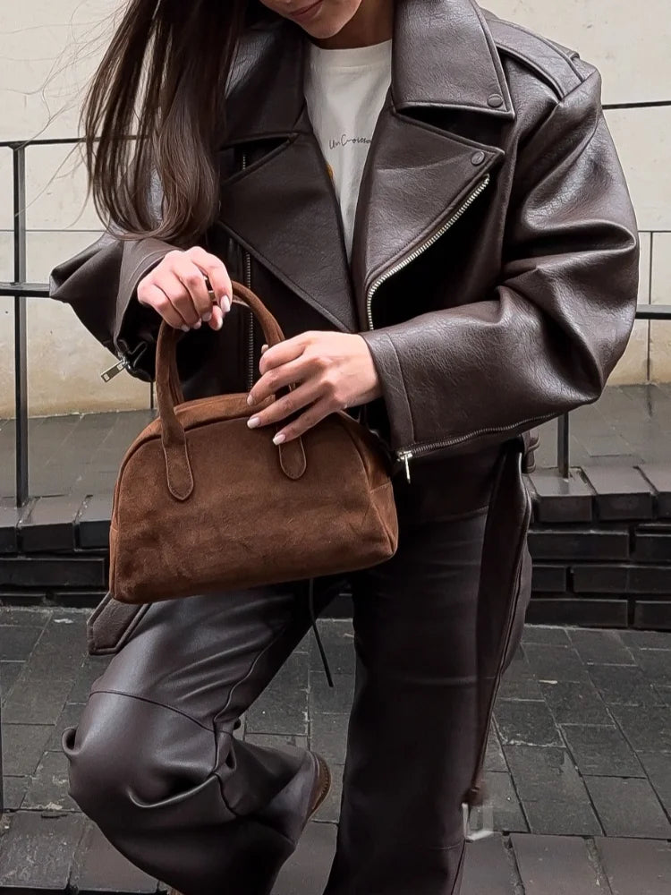 Lady Retro Lapel Leather Bomber Jacket Fashion Full Sleeve Zipper Pocket Lace Up Belt Short Coat 2025 Autumn High Street Wear