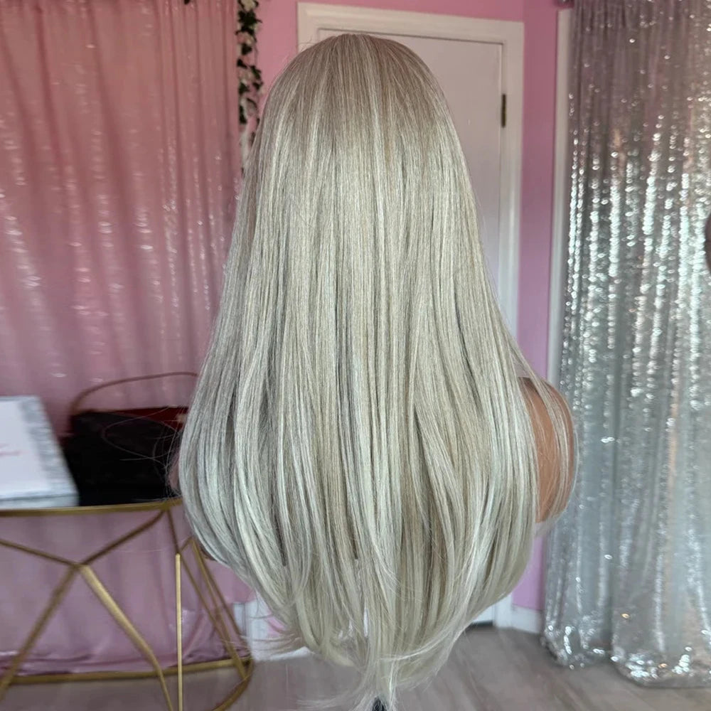 Creamy Ash Blonde Platinum Balayage Straight Wig Premium Human Hair Blend HD Invisible Lace Front Wig 13x4 Free Part Wig