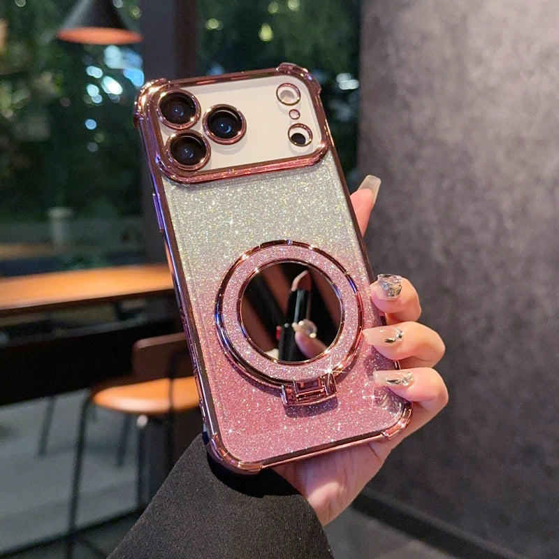 Plating Four Corner Shockproof Gradient Glitter TPU Makeup Mirror Holder Phone Case For iPhone 17 Pro Max/17/Air Bumper Cover