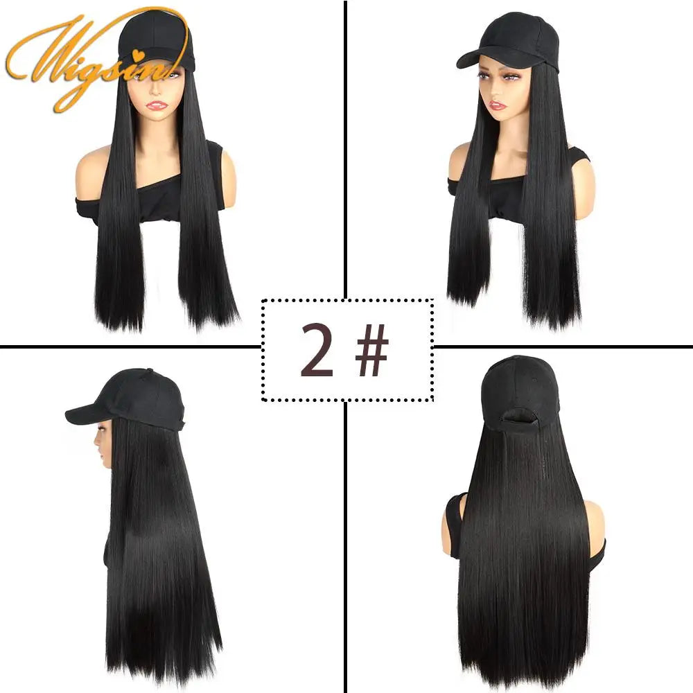 WIGSIN Synthetic  24Inch Long Straight One Piece Baseball Hair Hat Wig Adjustable Black Brown Hairpiece for Women