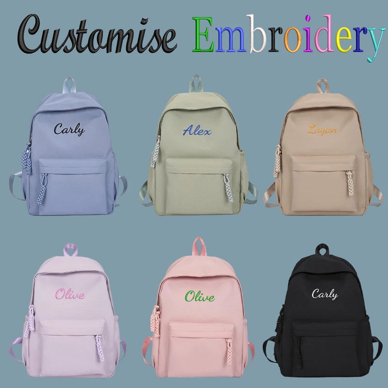 Embroidered Custom - College-Style Backpack, Made of Solid Colour High-Quality Fabric, Large Capacity, Stylish and Simple Fresh.