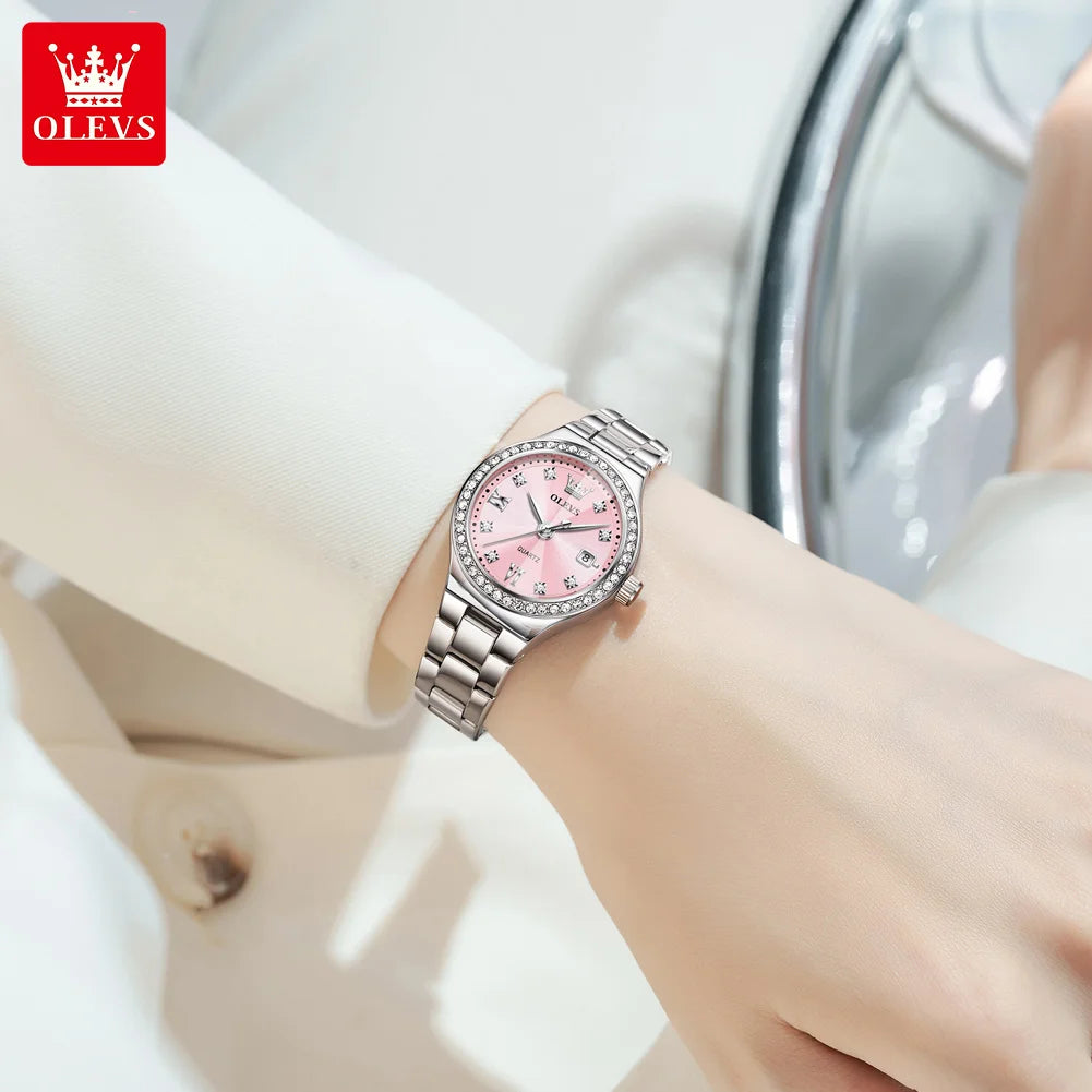 OLEVS Women's Quartz Watch Fashion Delicate Rhombus Mirror Luxury Diamond Bezel Steel Date Waterproof Elegant Ladies Watch 5628