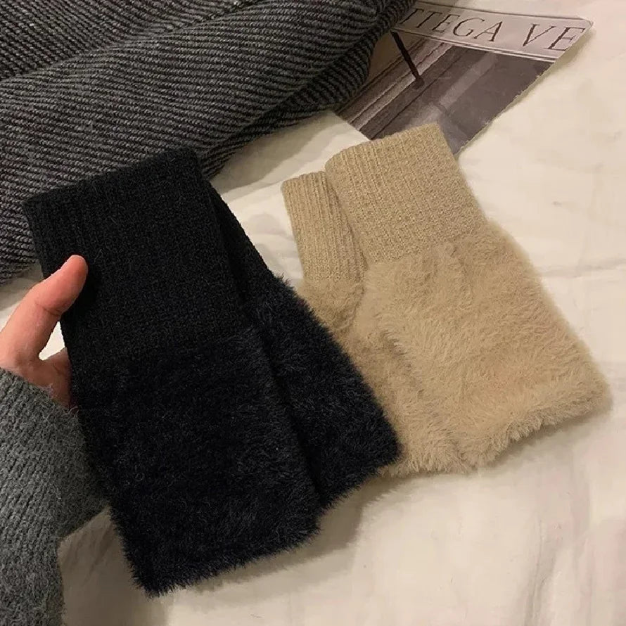 1PC- Warm and Cold-proof Half-finger Gloves for Women in Autumn and Winter, Versatile and Plush, Cute Office Half-finger Gloves