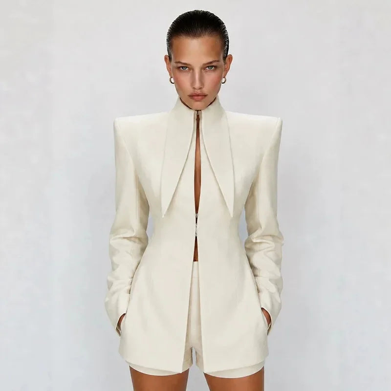 Women's Suit Shorts 2 Piece Set Long Sleeve Stand Collar Solid Coat Short Pants 2026 Summer Autumn Chic Female  Elegant Outfits