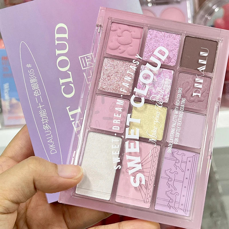 12-Color Pink Brown Eyeshadow Palette — Pearl Glitter, Matte & Earth Tones, Korean Makeup