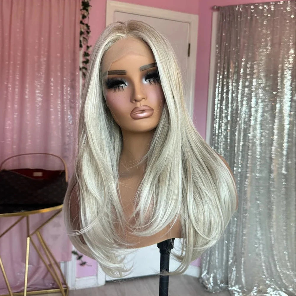 Creamy Ash Blonde Platinum Balayage Straight Wig Premium Human Hair Blend HD Invisible Lace Front Wig 13x4 Free Part Wig