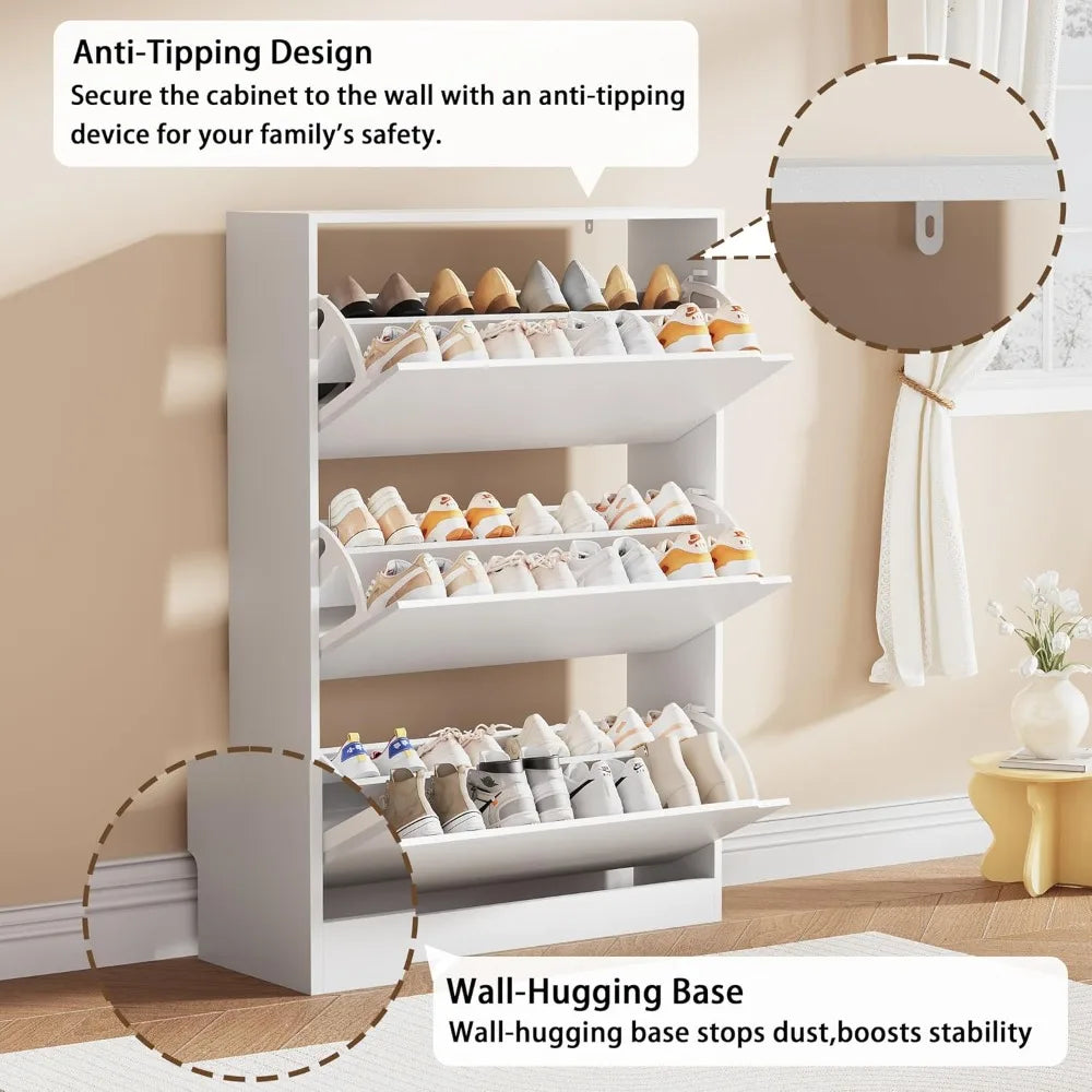 Wood Freestanding Shoe Cabinet,3 Flip Drawers & Adjustable Shelves,Entryway Storage, Custom