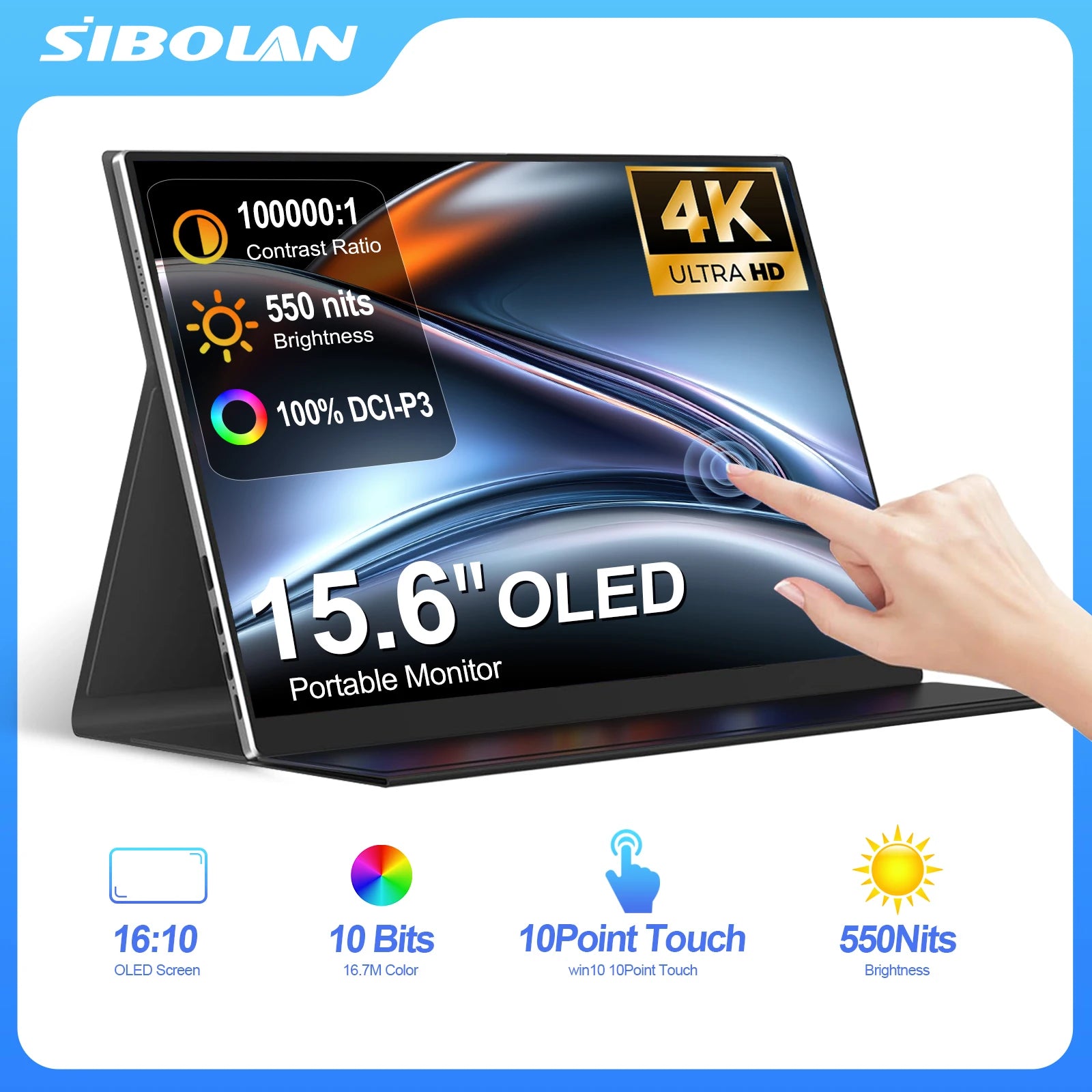 SIBOLAN 4K OLED 15.6" Touch Portable Monitor  16:10 UHD USB C HDMI 100%sRGB External Gaming Display for Phone Xbox Switch Laptop