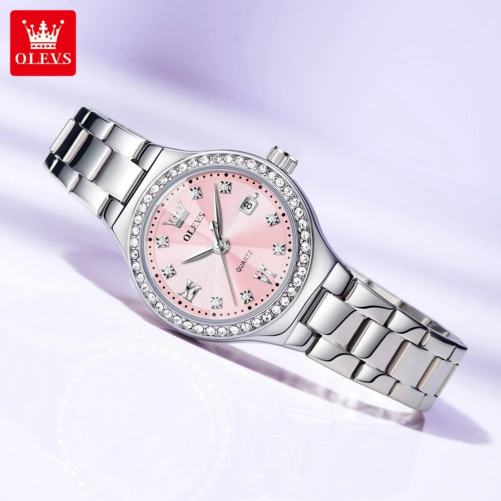 OLEVS Women's Quartz Watch Fashion Delicate Rhombus Mirror Luxury Diamond Bezel Steel Date Waterproof Elegant Ladies Watch 5628
