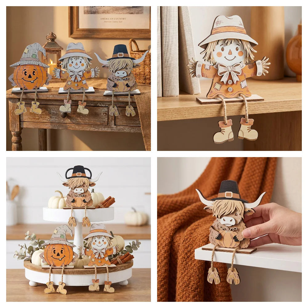 3PCS Fall Wooden Shelf Sitters, Pumpkin Scarecrow Highland Cow Dangling Leg Table Decor for Thanksgiving Halloween Home