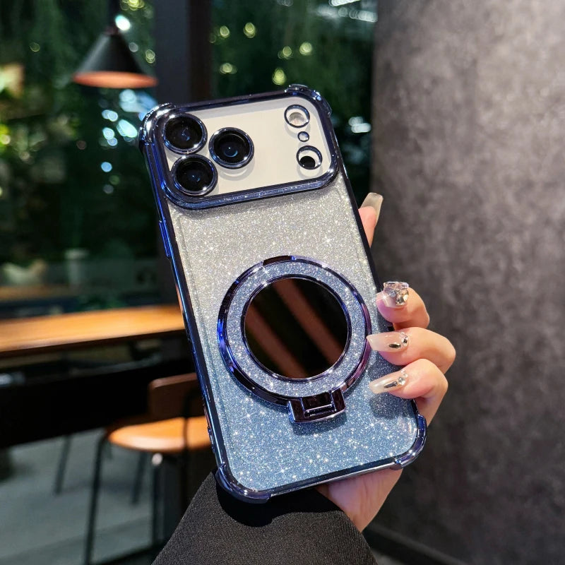Plating Four Corner Shockproof Gradient Glitter TPU Makeup Mirror Holder Phone Case For iPhone 17 Pro Max/17/Air Bumper Cover