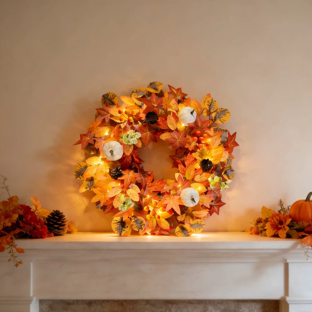 17.7in Halloween Fall Wreaths for Front Door Outside Fall Decorations for Home Large Autumn Wreath with Bow Pumpkin Thanksgiving