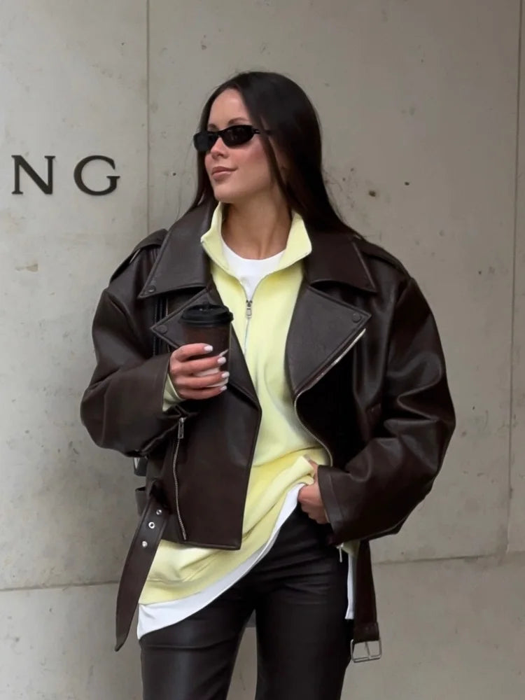 Lady Retro Lapel Leather Bomber Jacket Fashion Full Sleeve Zipper Pocket Lace Up Belt Short Coat 2025 Autumn High Street Wear