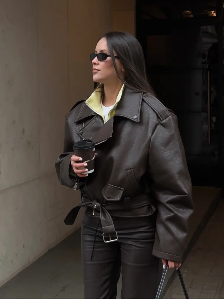 Lady Retro Lapel Leather Bomber Jacket Fashion Full Sleeve Zipper Pocket Lace Up Belt Short Coat 2025 Autumn High Street Wear