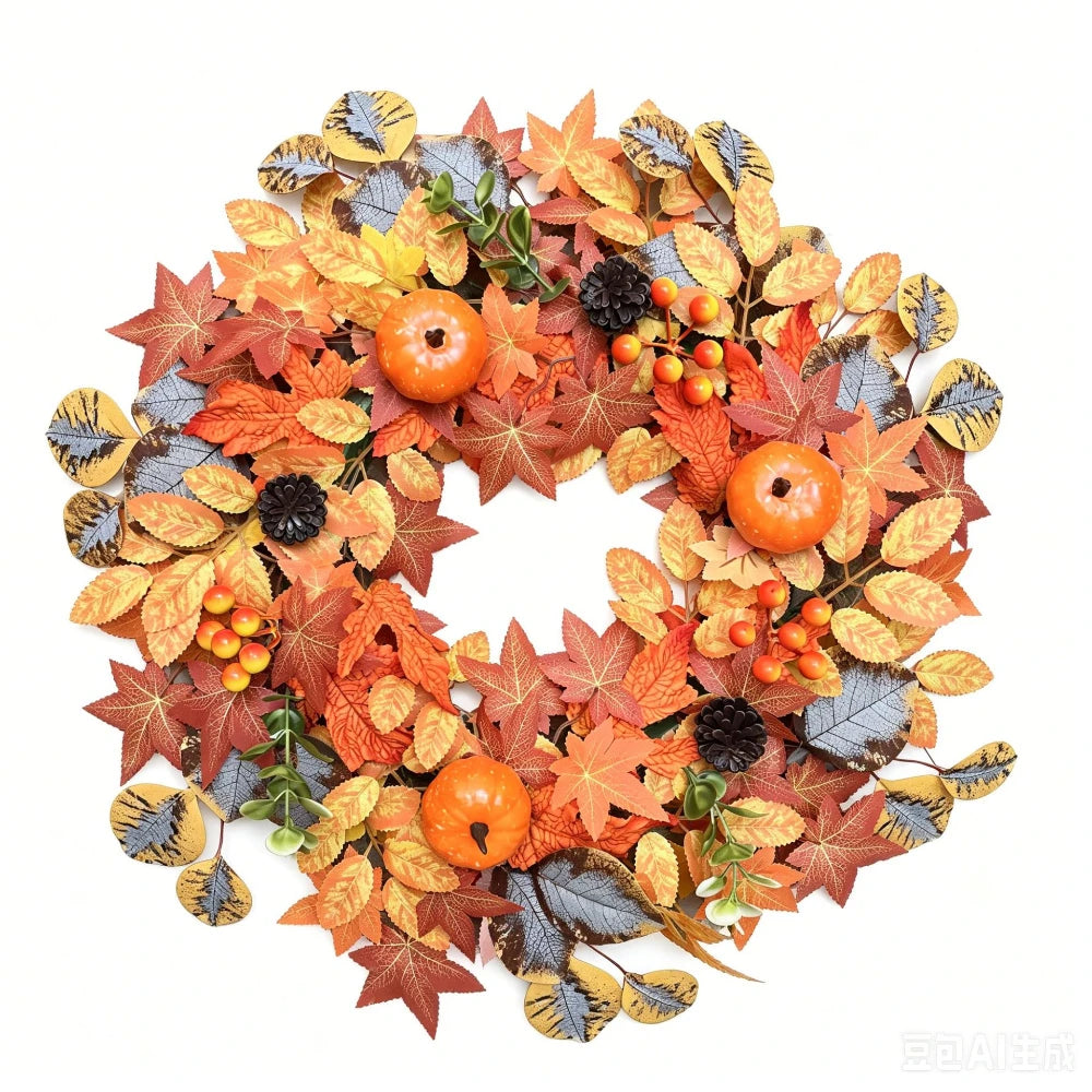 17.7in Halloween Fall Wreaths for Front Door Outside Fall Decorations for Home Large Autumn Wreath with Bow Pumpkin Thanksgiving