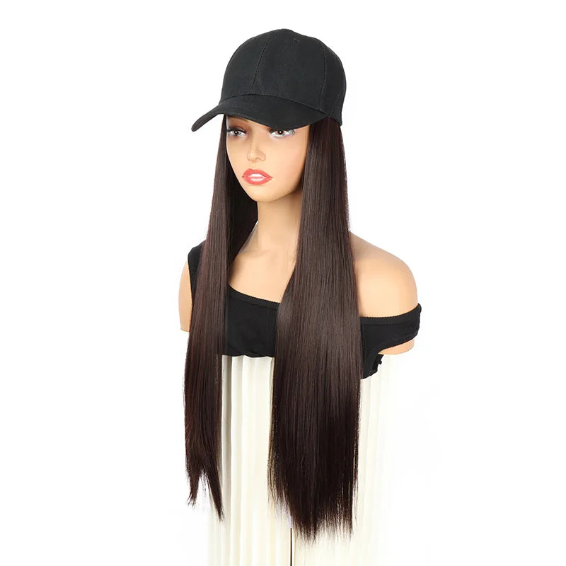 WIGSIN Synthetic  24Inch Long Straight One Piece Baseball Hair Hat Wig Adjustable Black Brown Hairpiece for Women
