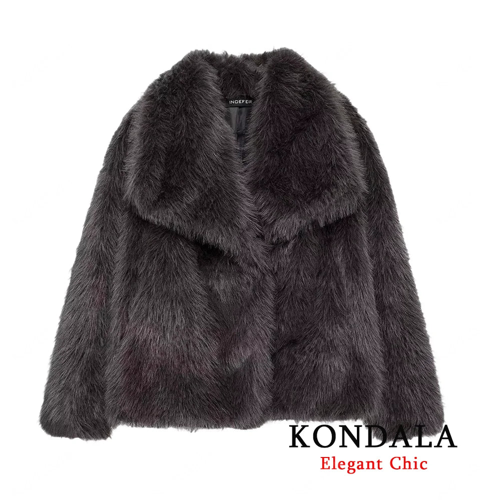 KONDALA Elegant Fur Coat Women Fall Winter Fashion Warm Faux Fur Brown Coat 2025 New Fashion Vintage Casual Female Jacket Coat