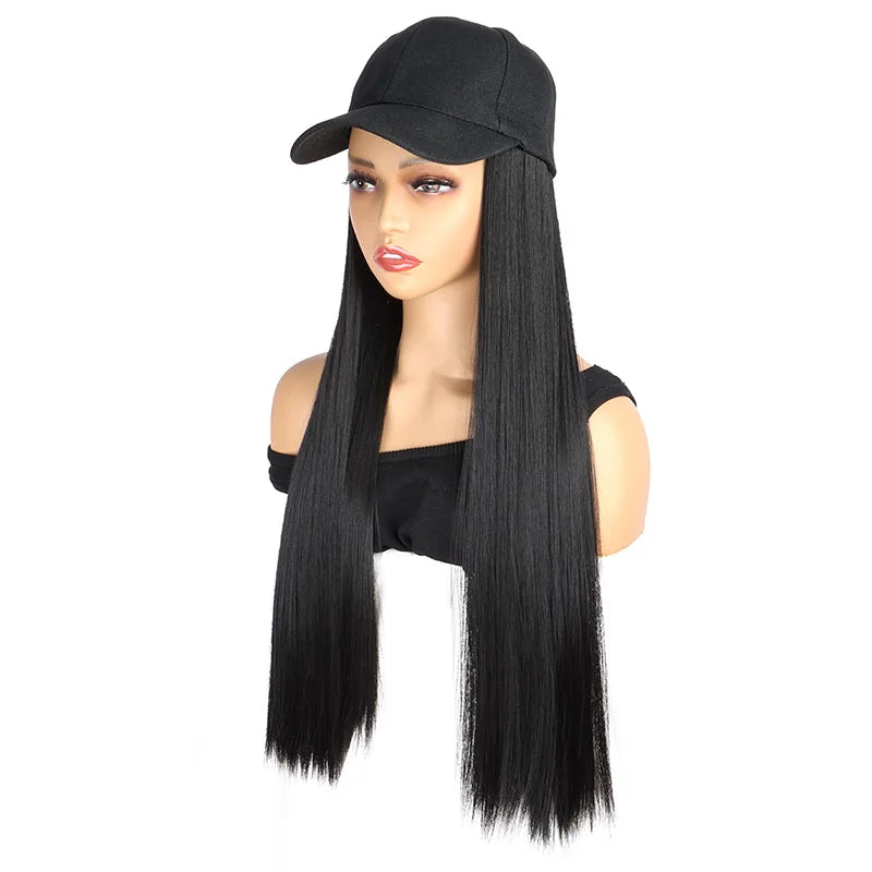 WIGSIN Synthetic  24Inch Long Straight One Piece Baseball Hair Hat Wig Adjustable Black Brown Hairpiece for Women