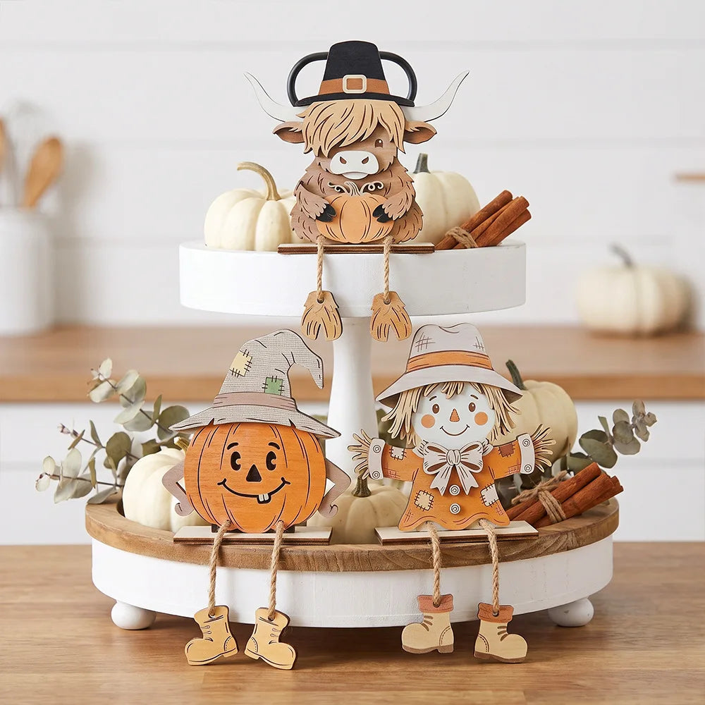 3PCS Fall Wooden Shelf Sitters, Pumpkin Scarecrow Highland Cow Dangling Leg Table Decor for Thanksgiving Halloween Home
