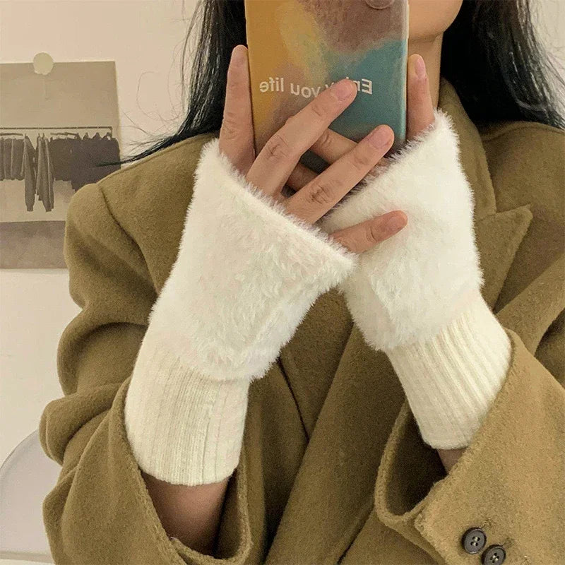 1PC- Warm and Cold-proof Half-finger Gloves for Women in Autumn and Winter, Versatile and Plush, Cute Office Half-finger Gloves