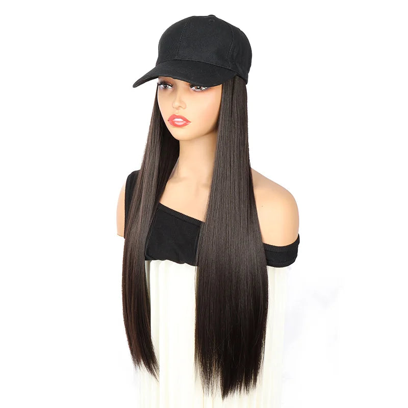 WIGSIN Synthetic  24Inch Long Straight One Piece Baseball Hair Hat Wig Adjustable Black Brown Hairpiece for Women