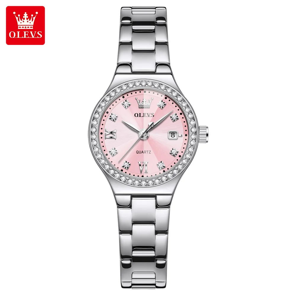OLEVS Women's Quartz Watch Fashion Delicate Rhombus Mirror Luxury Diamond Bezel Steel Date Waterproof Elegant Ladies Watch 5628