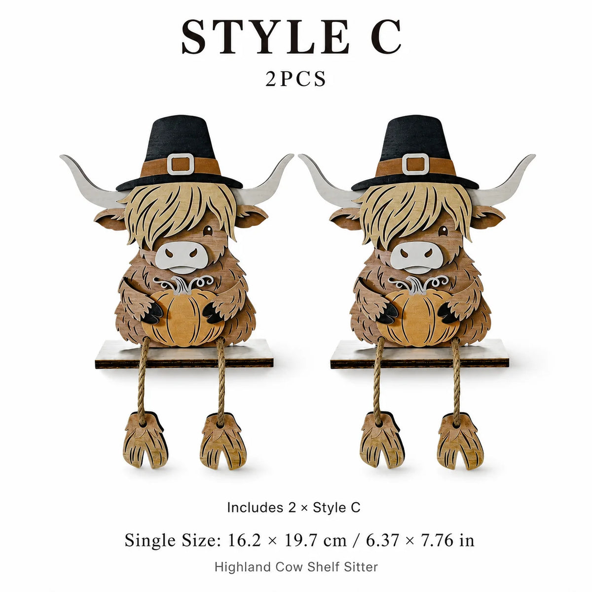 3PCS Fall Wooden Shelf Sitters, Pumpkin Scarecrow Highland Cow Dangling Leg Table Decor for Thanksgiving Halloween Home