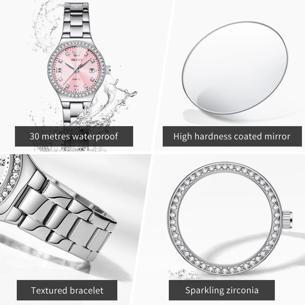 OLEVS Women's Quartz Watch Fashion Delicate Rhombus Mirror Luxury Diamond Bezel Steel Date Waterproof Elegant Ladies Watch 5628