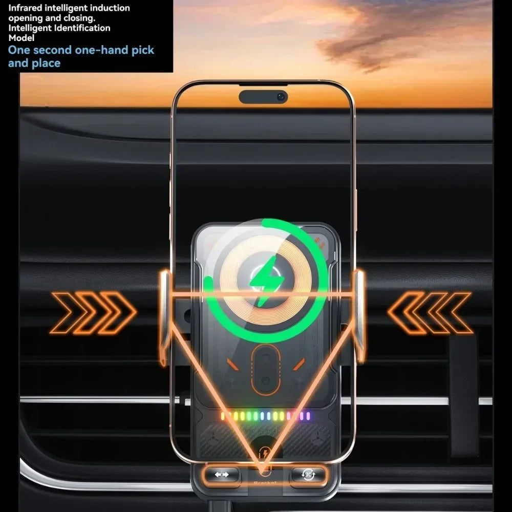 Auto-Clamping Wireless Car Charger Mount — 15W Fast Charging, Air Vent, 360° Rotation
