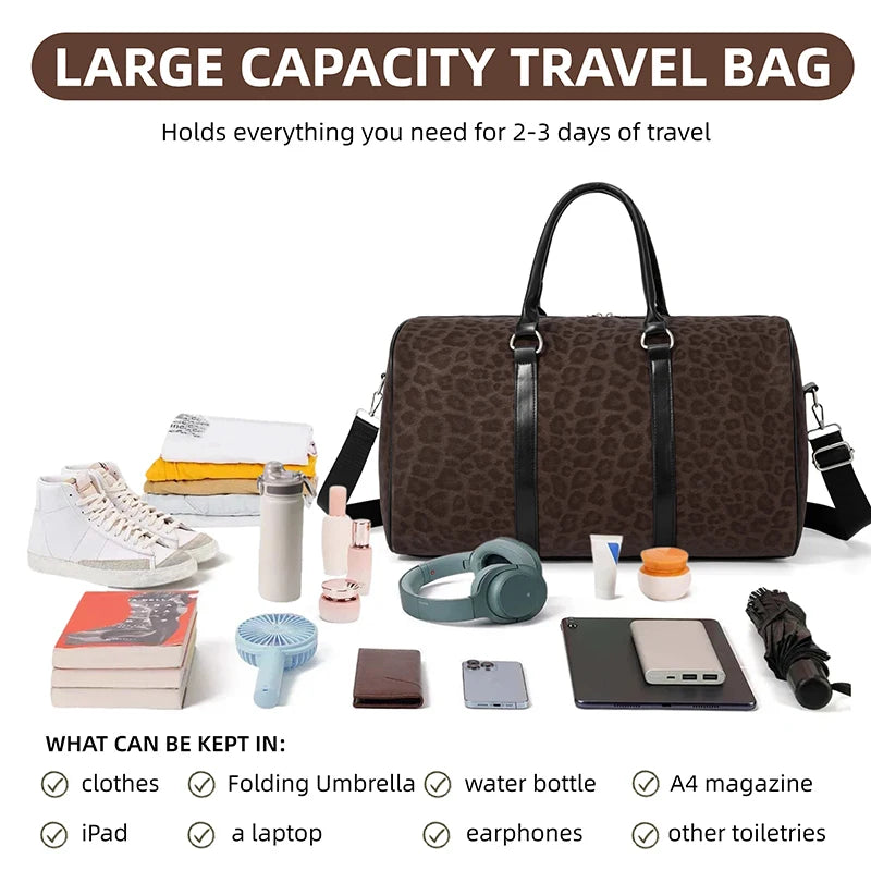 Leopard Print Duffle Weekender Bag Large Carry on Travel Bag Adjustable Strap Sports Gym Overnight Handbag for Men Women