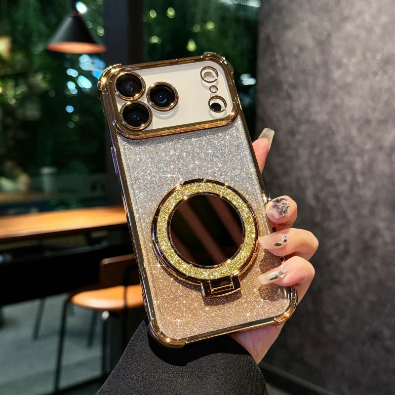 Plating Four Corner Shockproof Gradient Glitter TPU Makeup Mirror Holder Phone Case For iPhone 17 Pro Max/17/Air Bumper Cover
