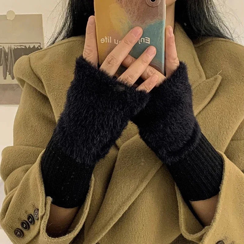 1PC- Warm and Cold-proof Half-finger Gloves for Women in Autumn and Winter, Versatile and Plush, Cute Office Half-finger Gloves