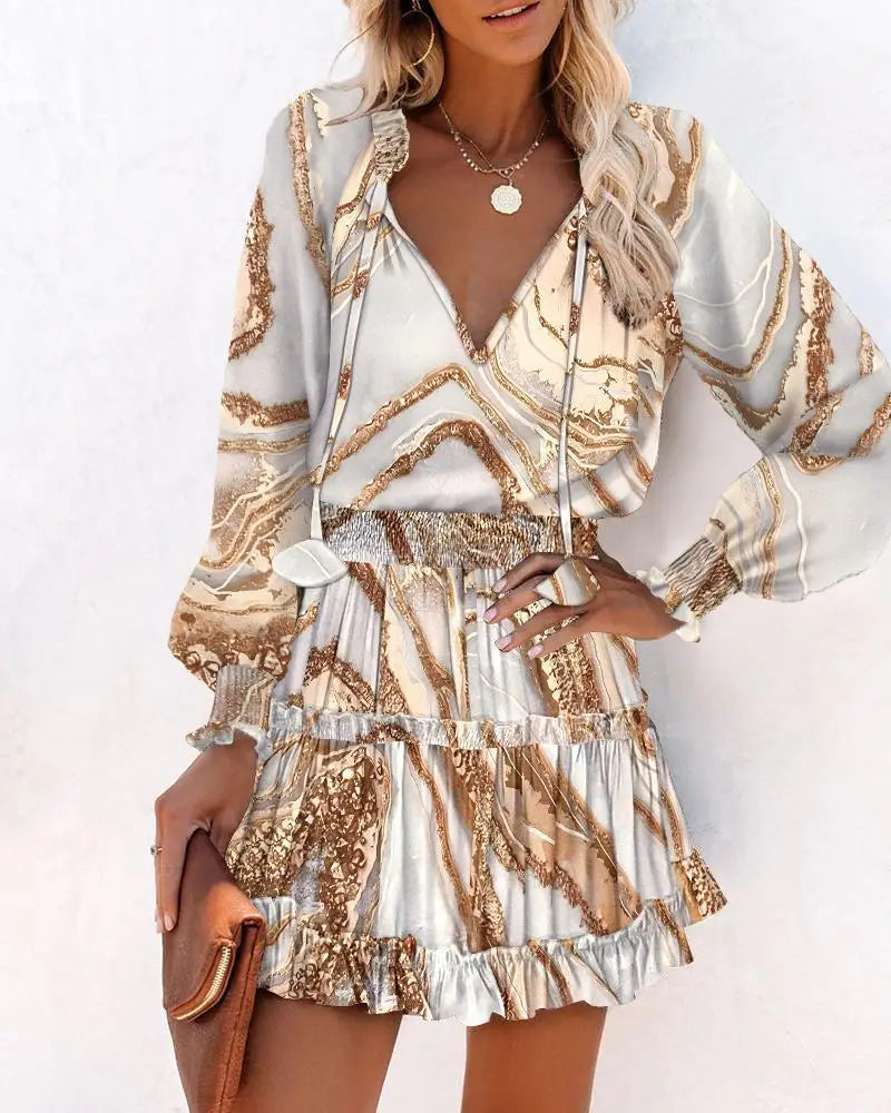 Elegant Women's Leopard Print Long Sleeved Casual Dress Spring And Autumn Fashionable V-neck Lace Up Waist Cinching Mini Dress