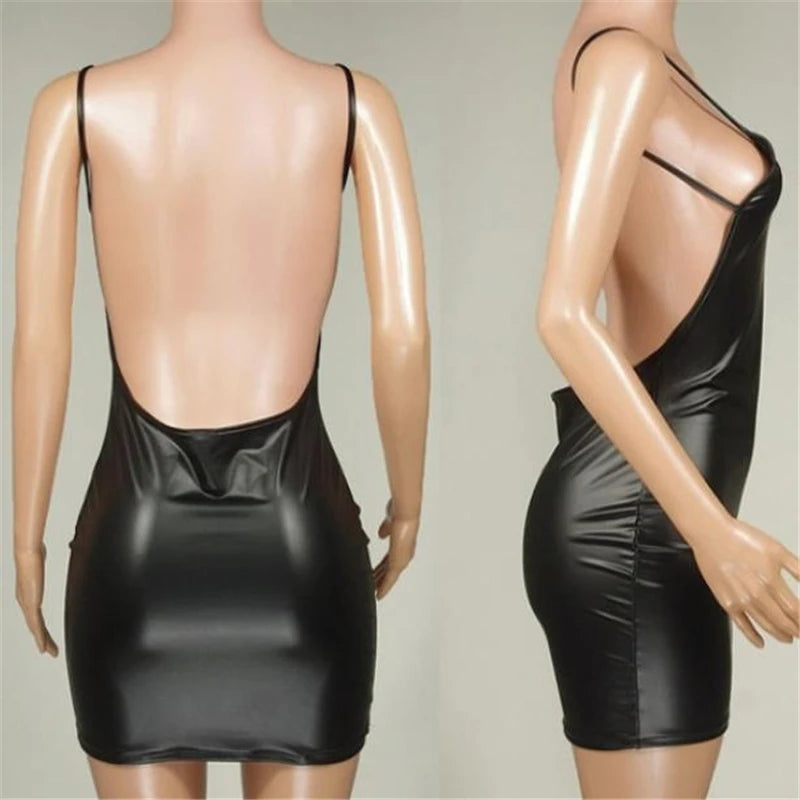Faux Leather Bodycon Mini Dress — Backless, Push-Up Bra, Wet Look Club Dress