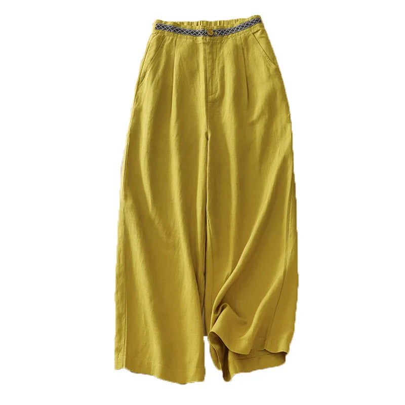 Elastic Cotton and Linen Wide Leg Pants Nine-point Pants for Women Summer New Solid Color Literary Large Size Casual Pants